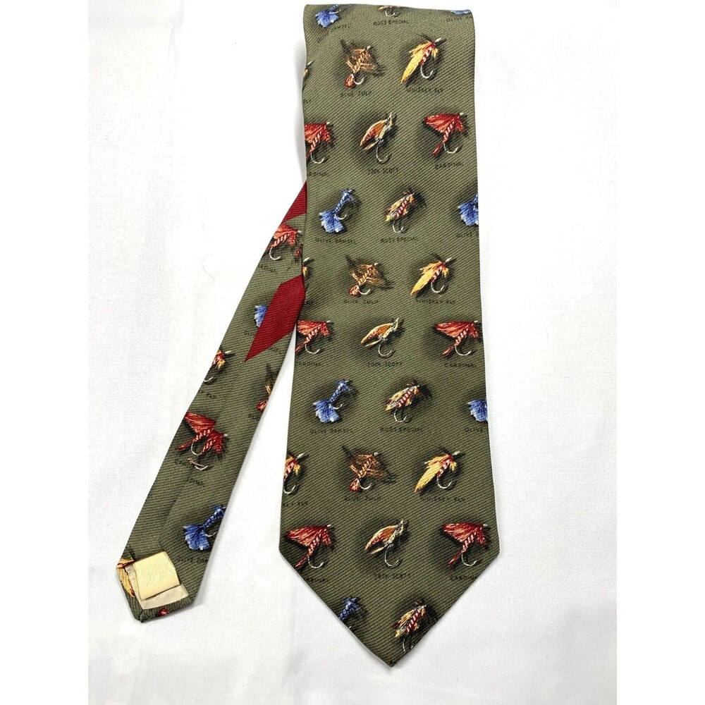 Cutter Buck Mens Silk Tie Fishing Tackle Classic Green Fly Fishing Made USA